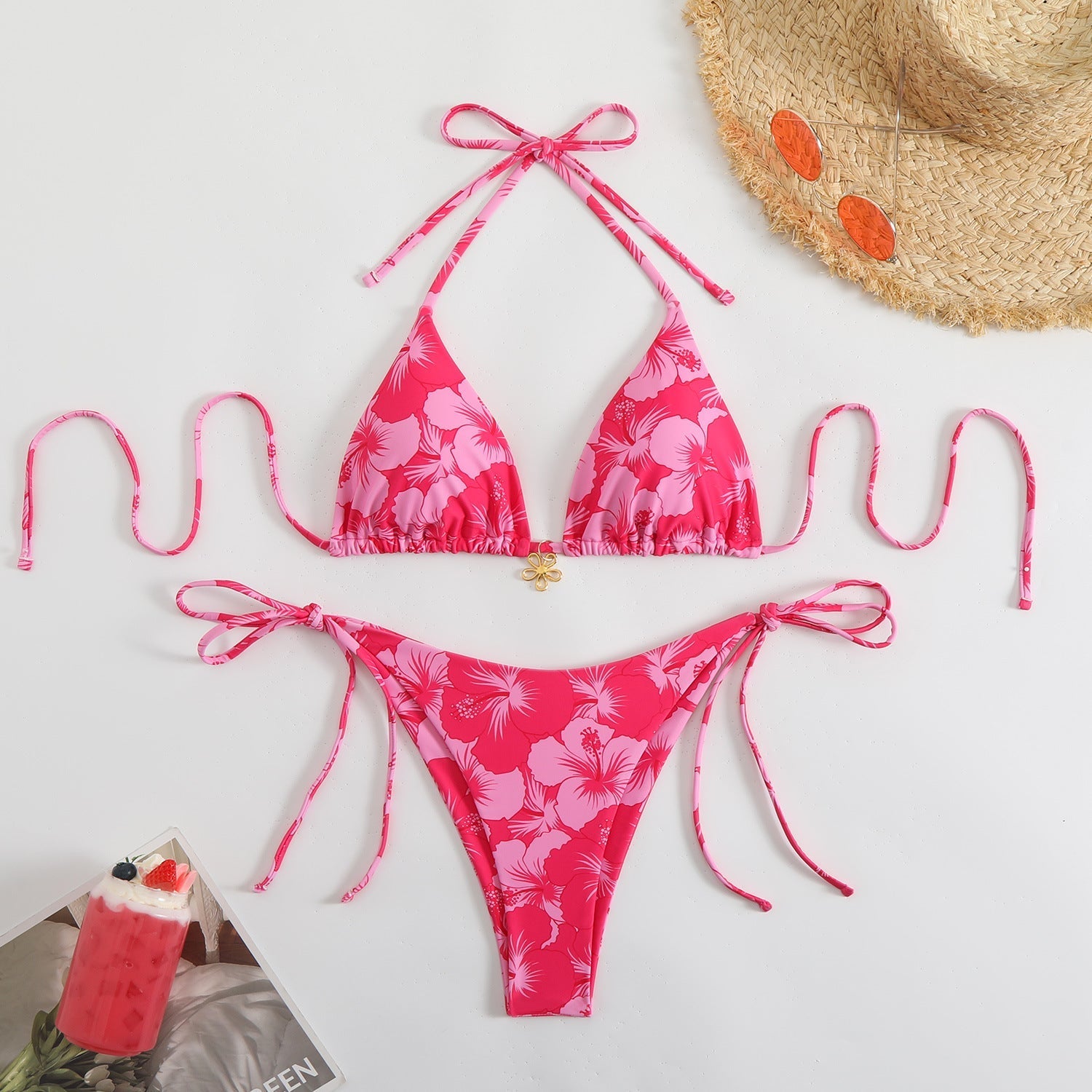 GR | Women's triangle bikini set with playful floral pattern and tie straps