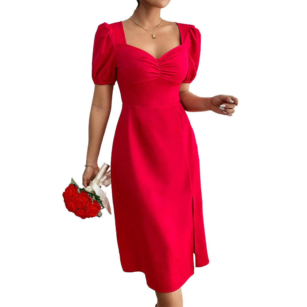 Women's midi dress with puff sleeves and sophisticated ruffle detail, size GR