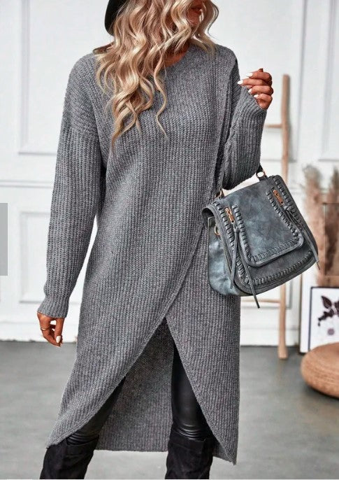GR Graue asymmetrische Saum Langarm-Cardigan-Kleid