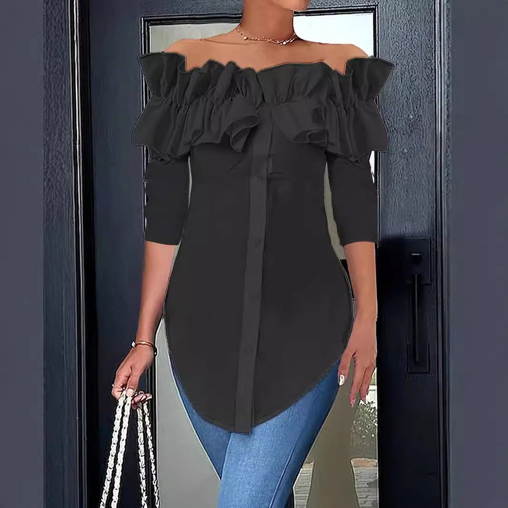 Damen Bluse mit schulterfreiem Design und voluminösen Rüschendetails GR