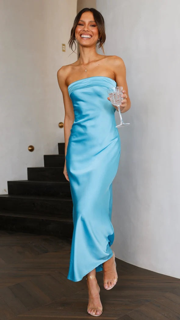 GR | Spring Summer Elegant Socialite Satin Hollow Neck Backless Tube Top Dress Length
