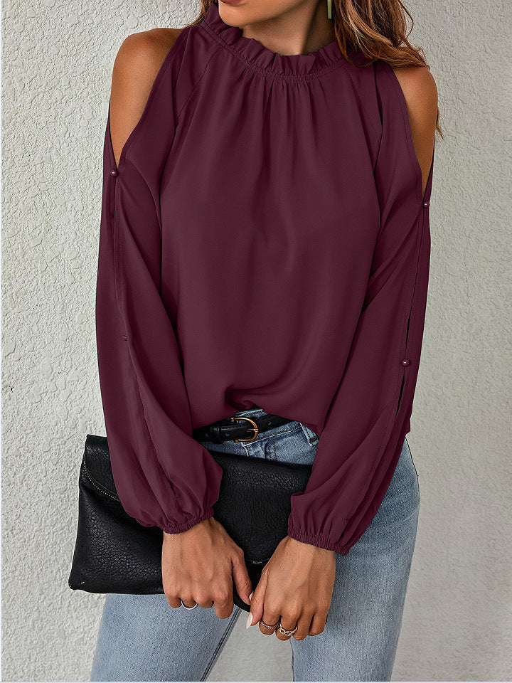 Women's chic top with off-the-shoulder panels and elegant ruffle details, size [size]