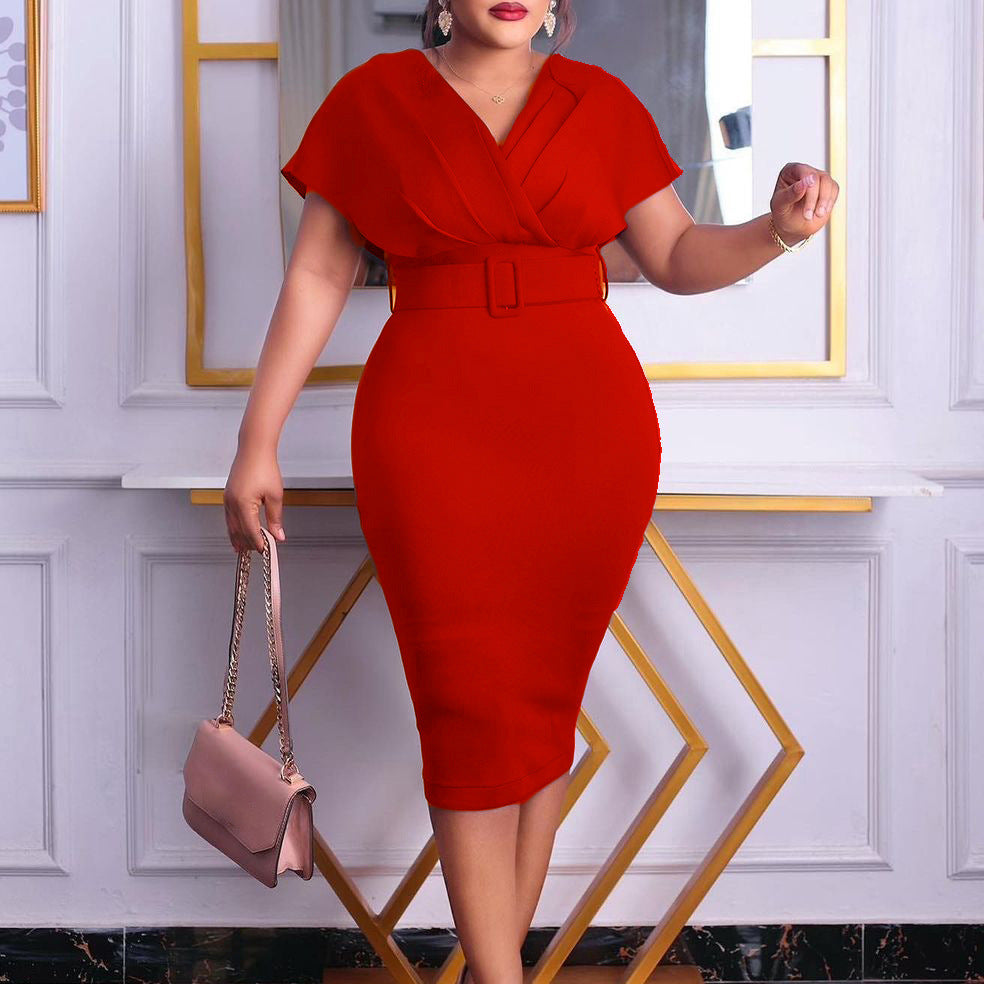 GR | Damen V-Ausschnitt Figurbetontes Midi Kleid mit Gürtel