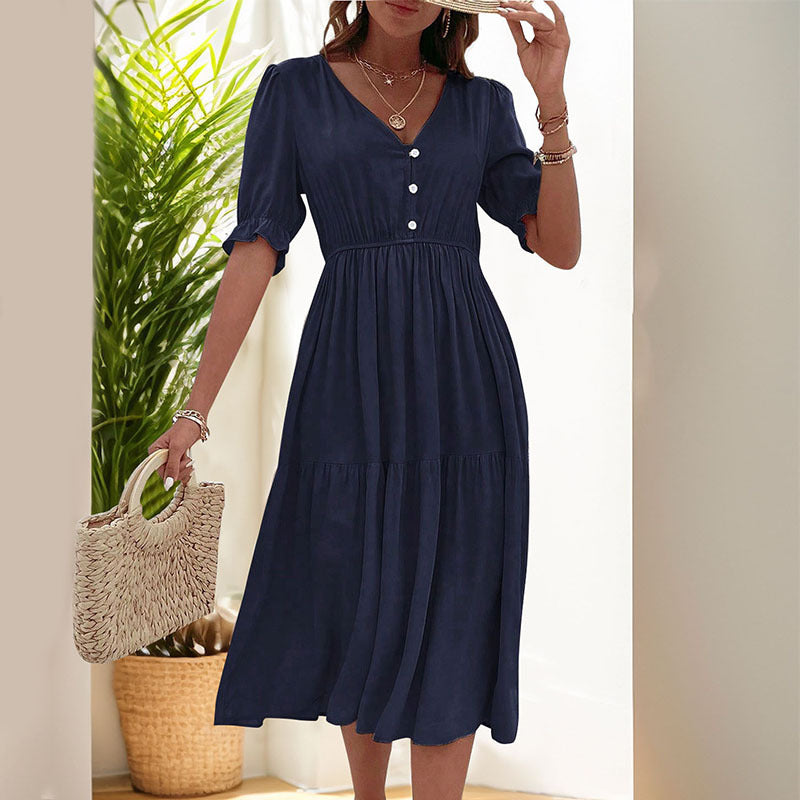 Women's midi dress with buttoned V-neck and airy puff sleeves, size