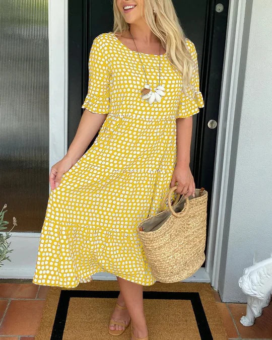 GR | Sommer Rundhals Bedrucktes Kurzarmkleid
