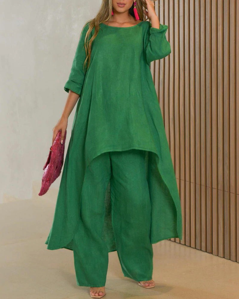 GR | Cotton Linen Loose Irregular Long Sleeve Two-Piece Set