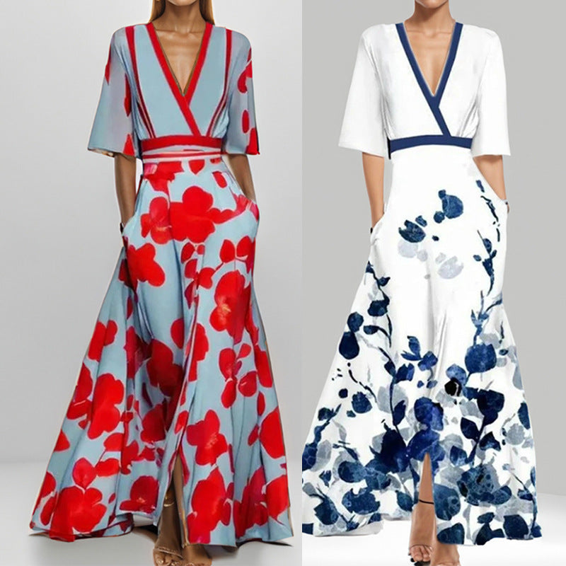GR | Elegant V-neck printed waist dress with peplum