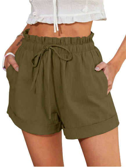 Women's elegant high-waisted fabric shorts with side pockets, size