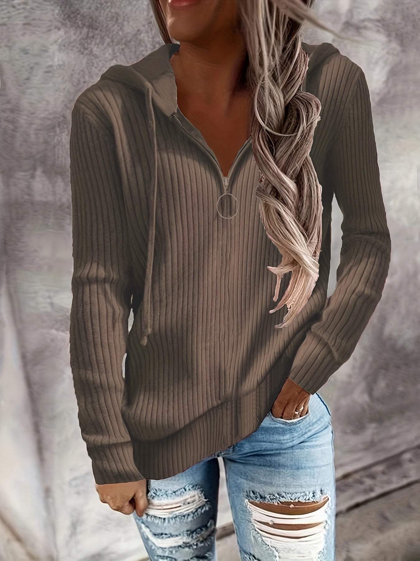 Damen Hoodie mit Reißverschluss und lässigem Rippenstrickdesign GR