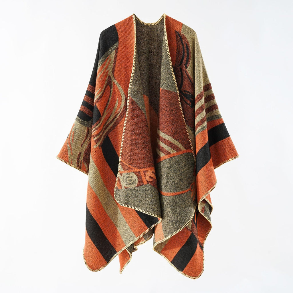 Women's elegant knitted poncho with artistic pattern and fine fringe, size GR