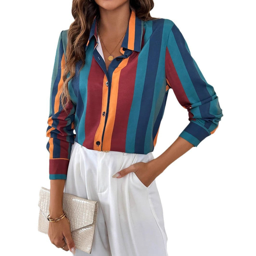 Damen Bluse mit farbenfrohem Streifenmuster und eleganter Knopfleiste GR