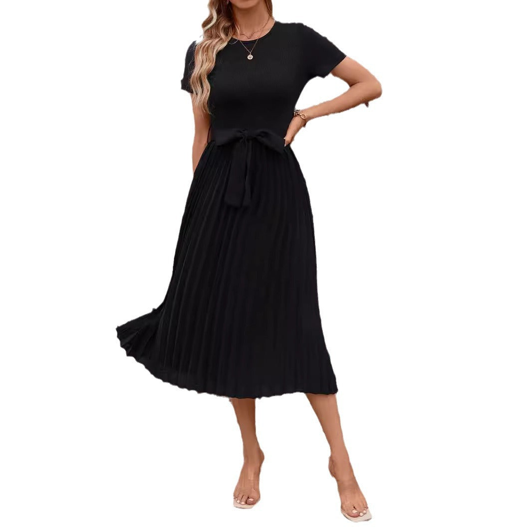 GR | Lässiges Fließendes Kurzarm-Gürtel-Midikleid