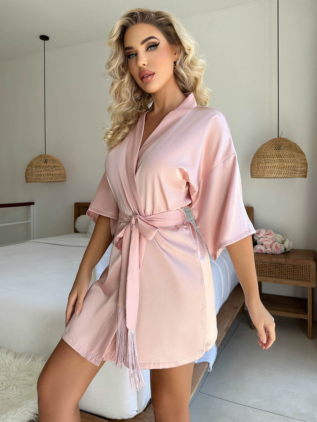 GR Kurzer Cardigan Krawatte Quaste Bademantel Sexy Pyjamas