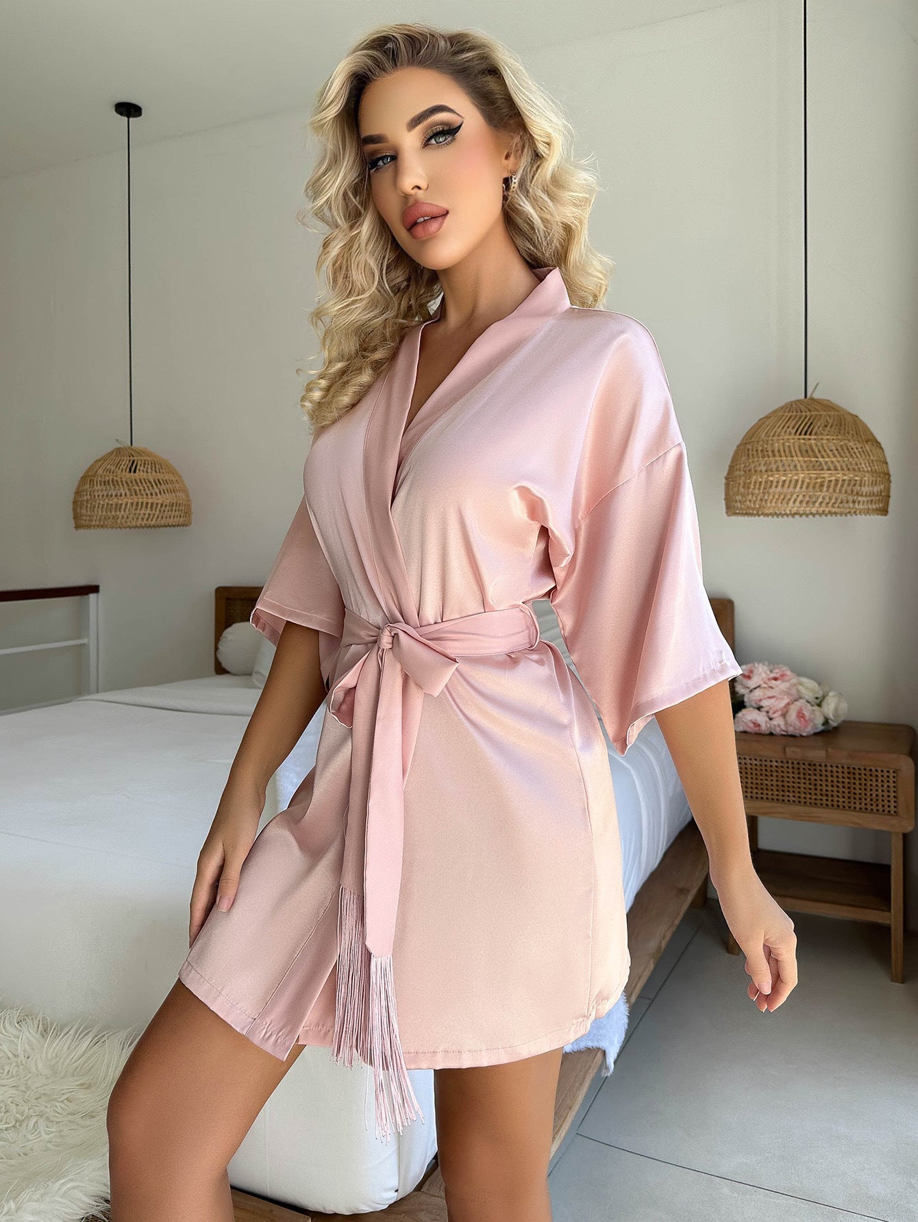 GR Kurzer Cardigan Krawatte Quaste Bademantel Sexy Pyjamas