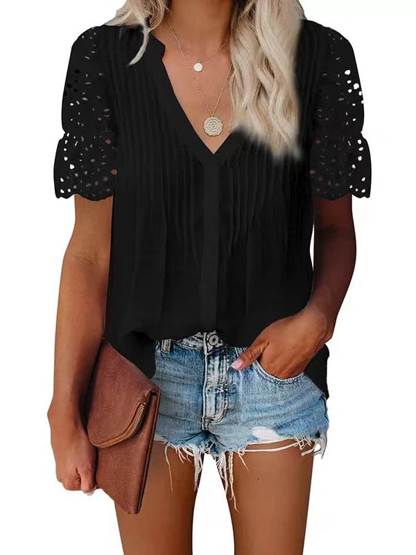 GR | Casual V-neck short lace sleeve top