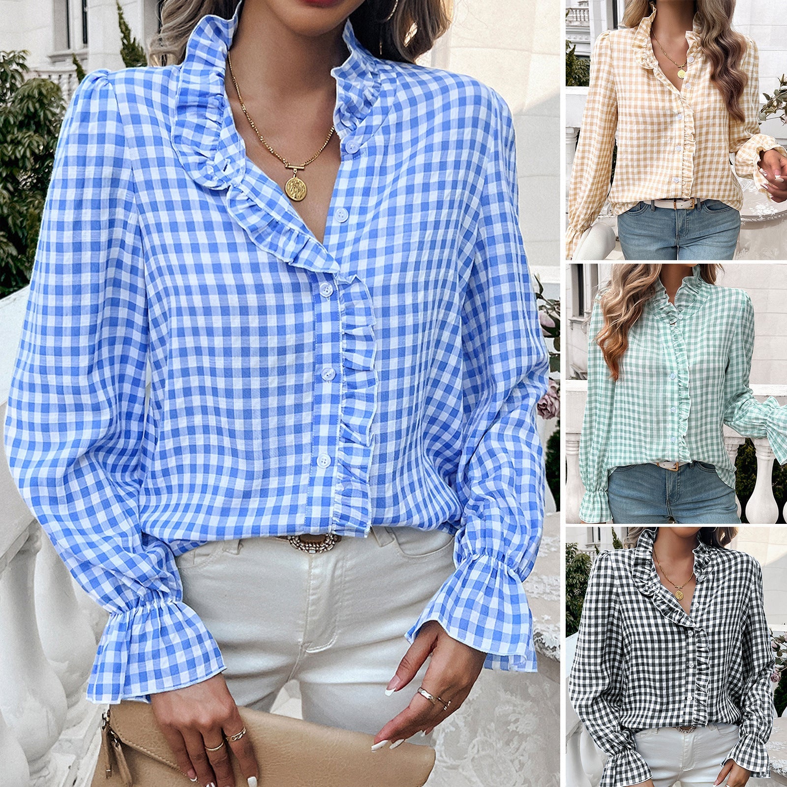 Damen Karierte Bluse mit Rüschendetails und Knopfleiste GR