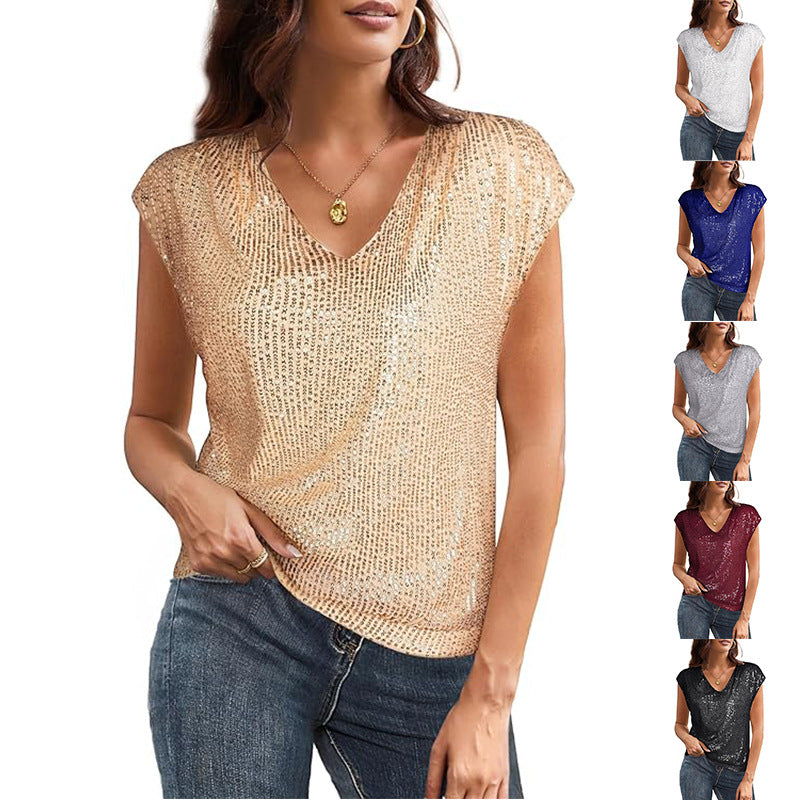 Women's glittery top with a V-neck and loose fit, size [size missing]
