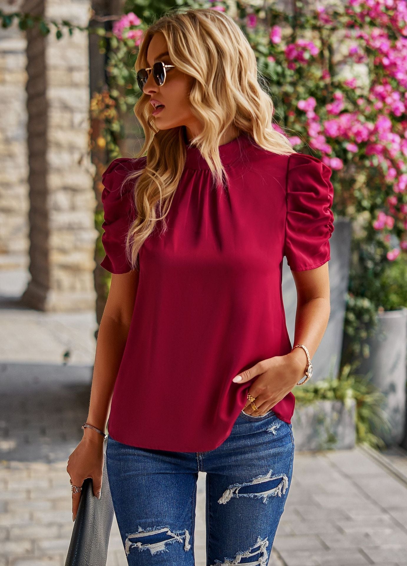 Damen Elegantes Oberteil mit gerafften Puffärmeln GR