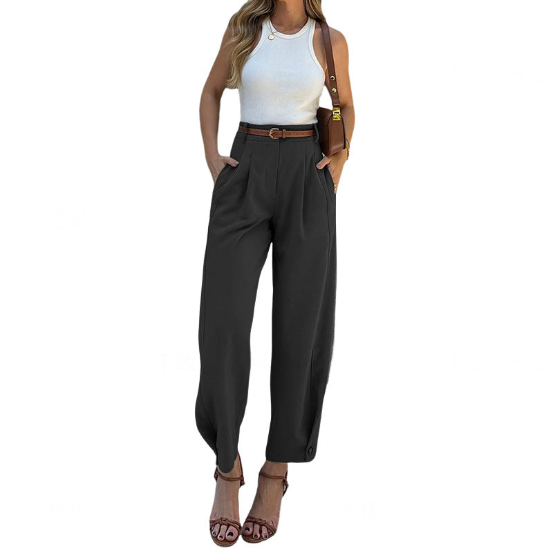 Women's high-waisted trousers with elegant pleats and practical pockets, size