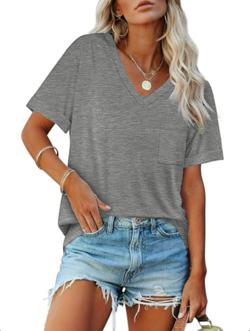 Damen V-Ausschnitt T-Shirt mit Taschen und lässiger Passform GR