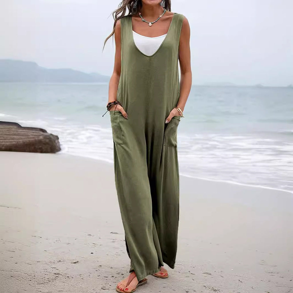 Women's casual jumpsuit with wide leg and comfortable pockets, size S