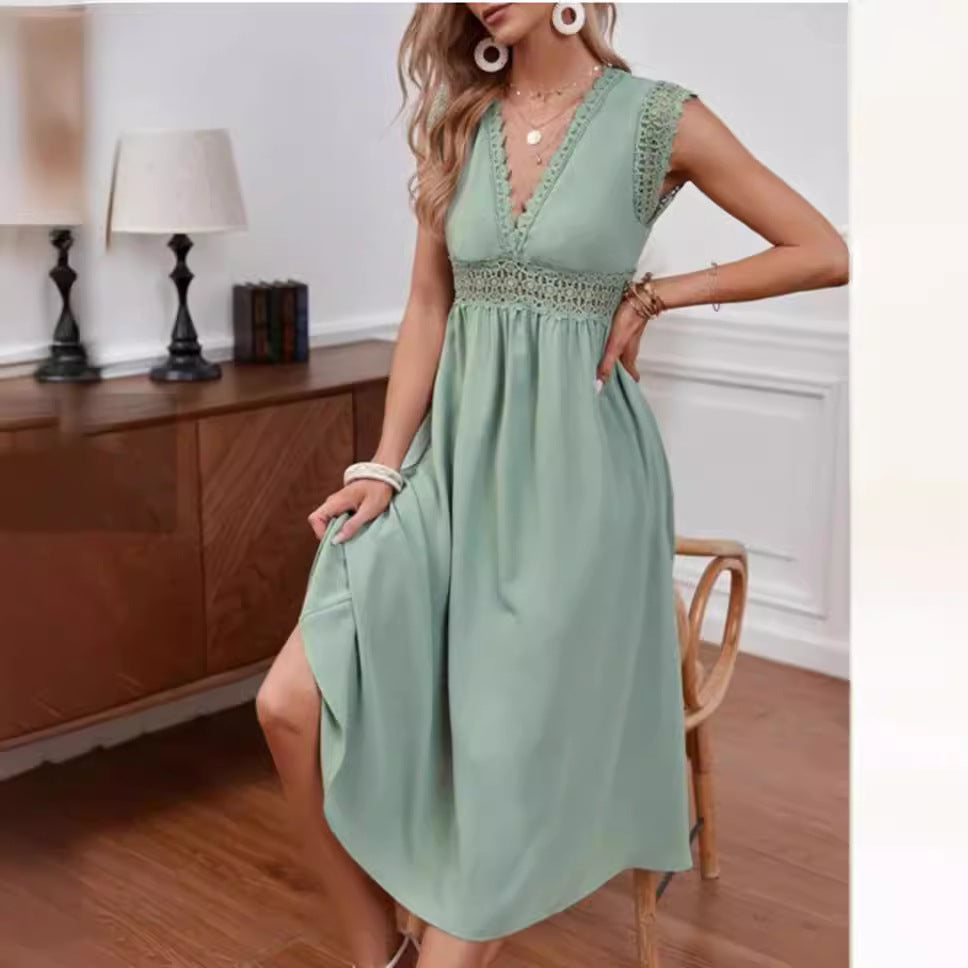 GR | Spitzen-Hollow-Patchwork-V-Ausschnitt-Kleid