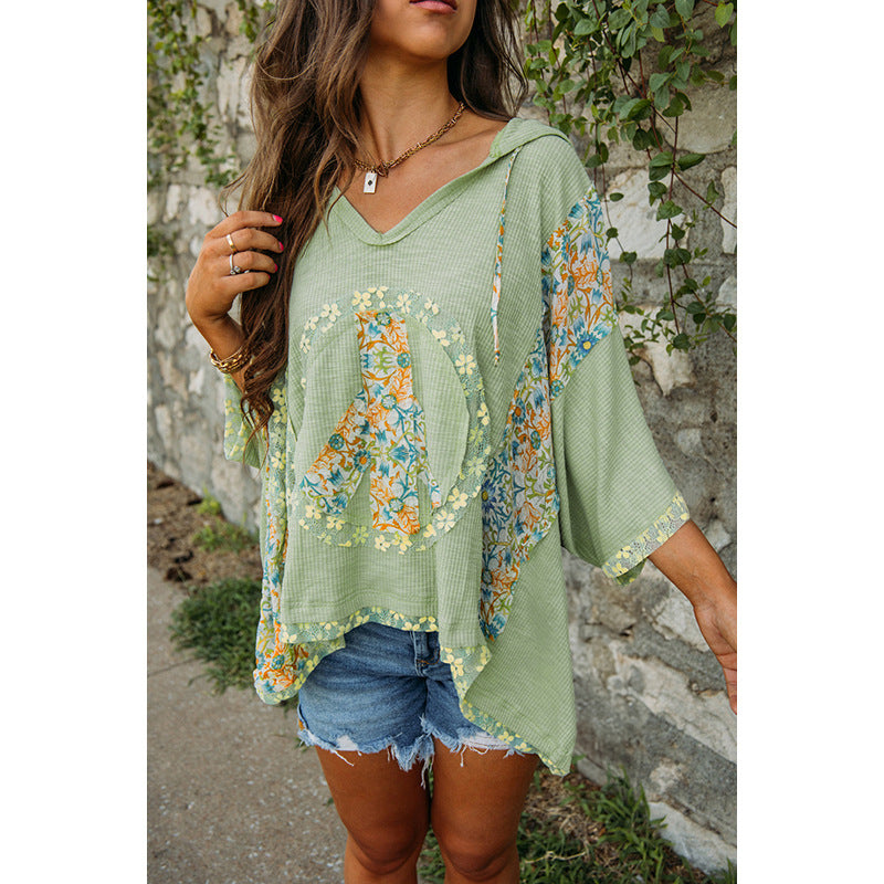 Damen lässiges Kapuzenoberteil mit blumigem Peace-Design GR