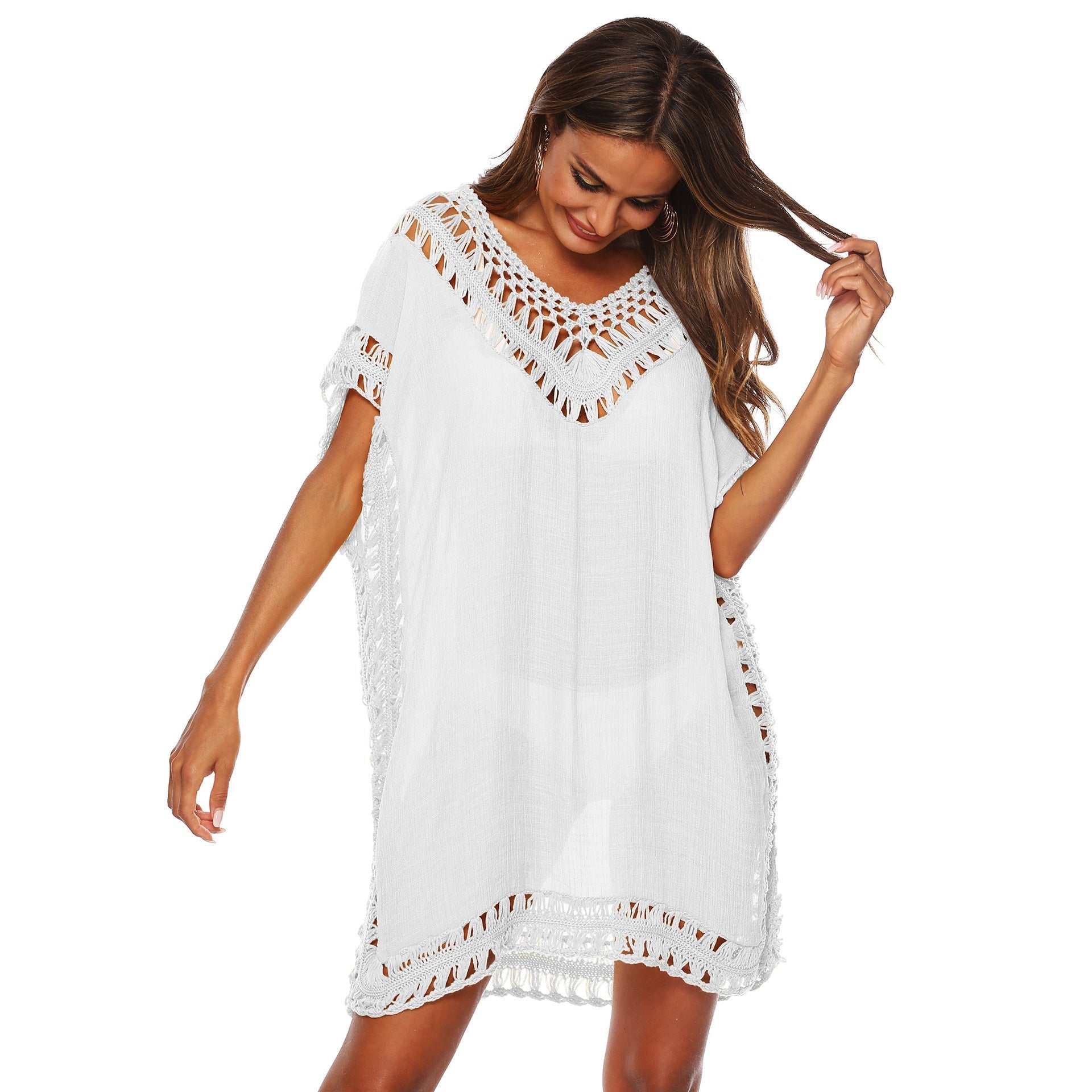 Women's beach tunic with artistic crochet embellishments, size GR