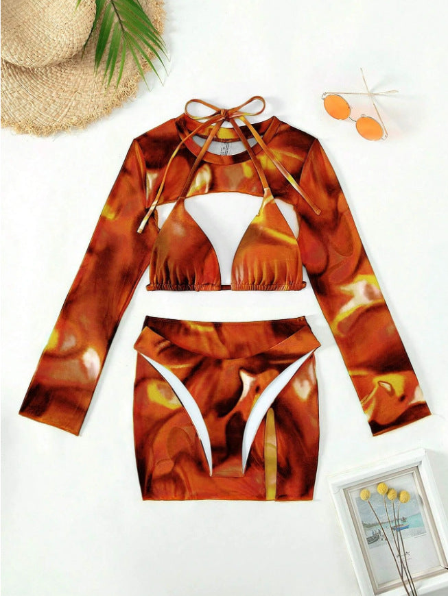 Women's sports bikini set with long sleeves and fashionable cut, size S