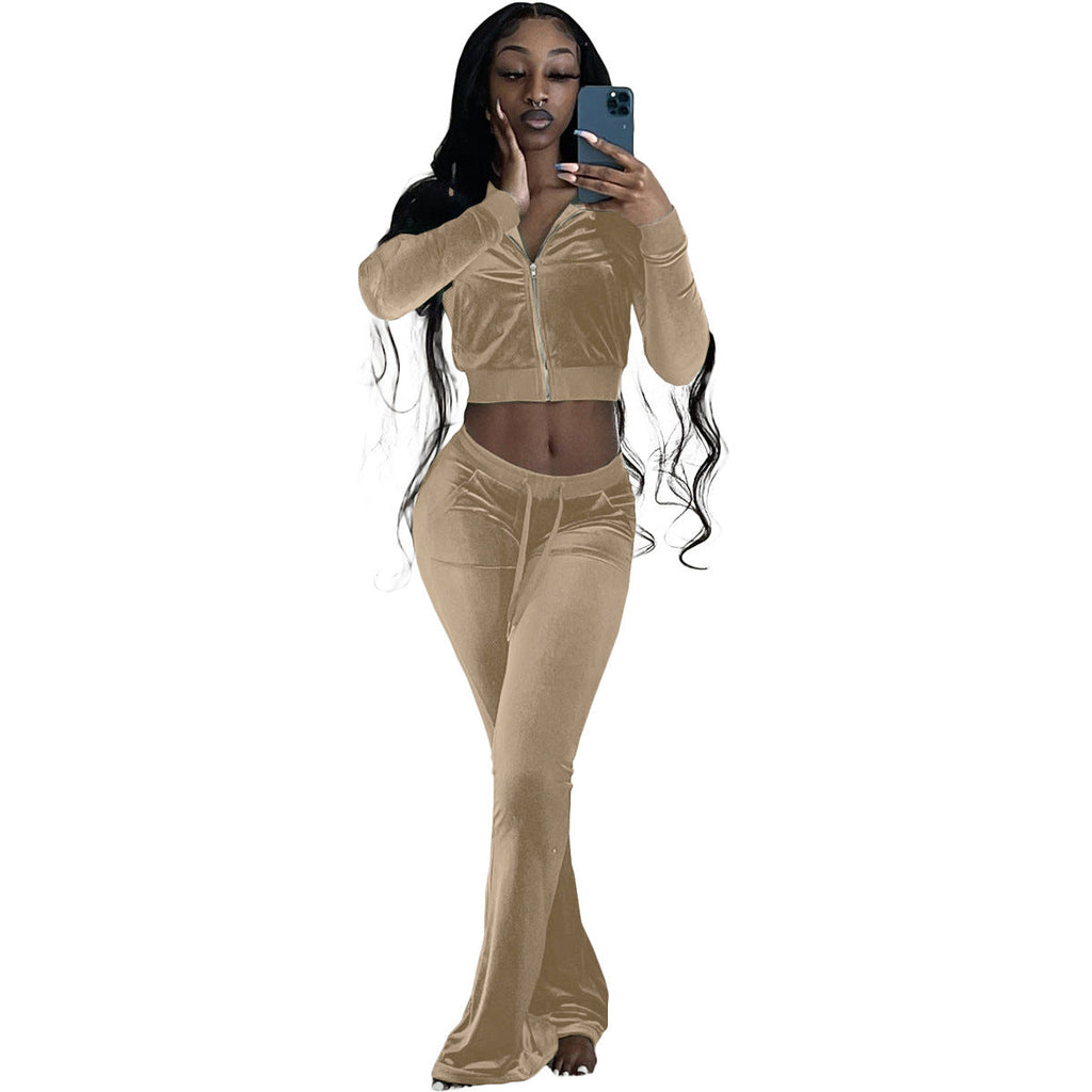 Damen Velours Tracksuit mit Zip-Front und weit geschnittener Hose GR