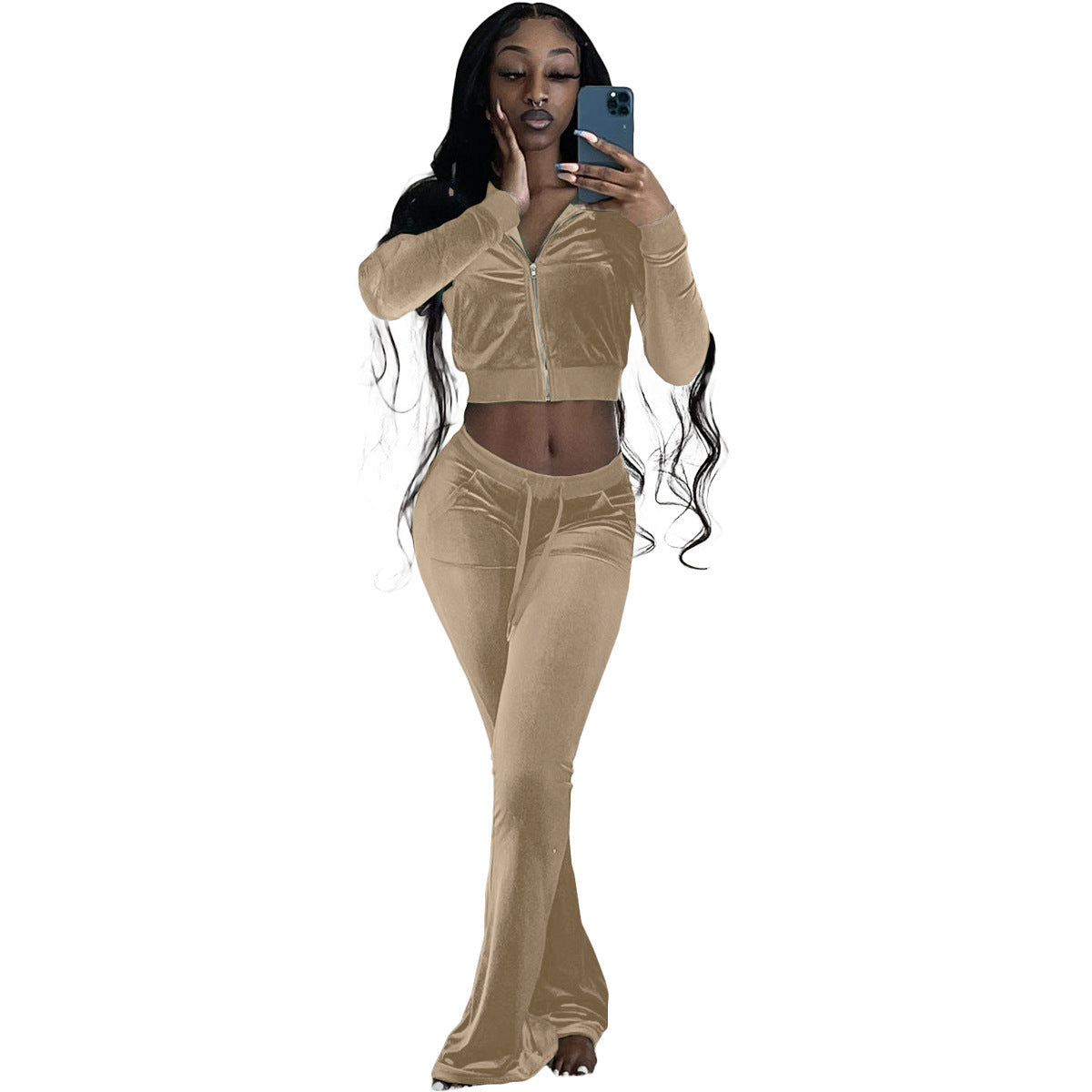 Damen Velours Tracksuit mit Zip-Front und weit geschnittener Hose GR