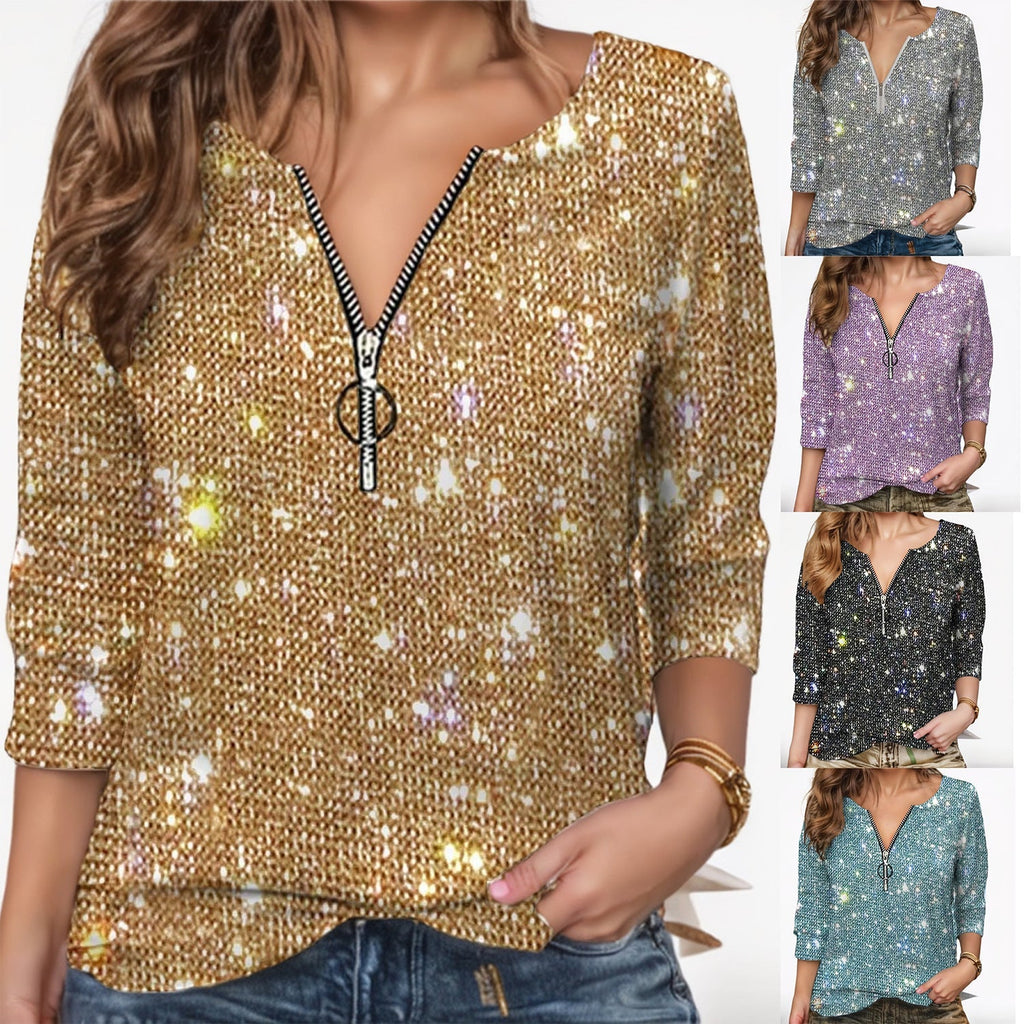 Damen Glitzernde Zip-Bluse mit 3/4-Ärmeln GR