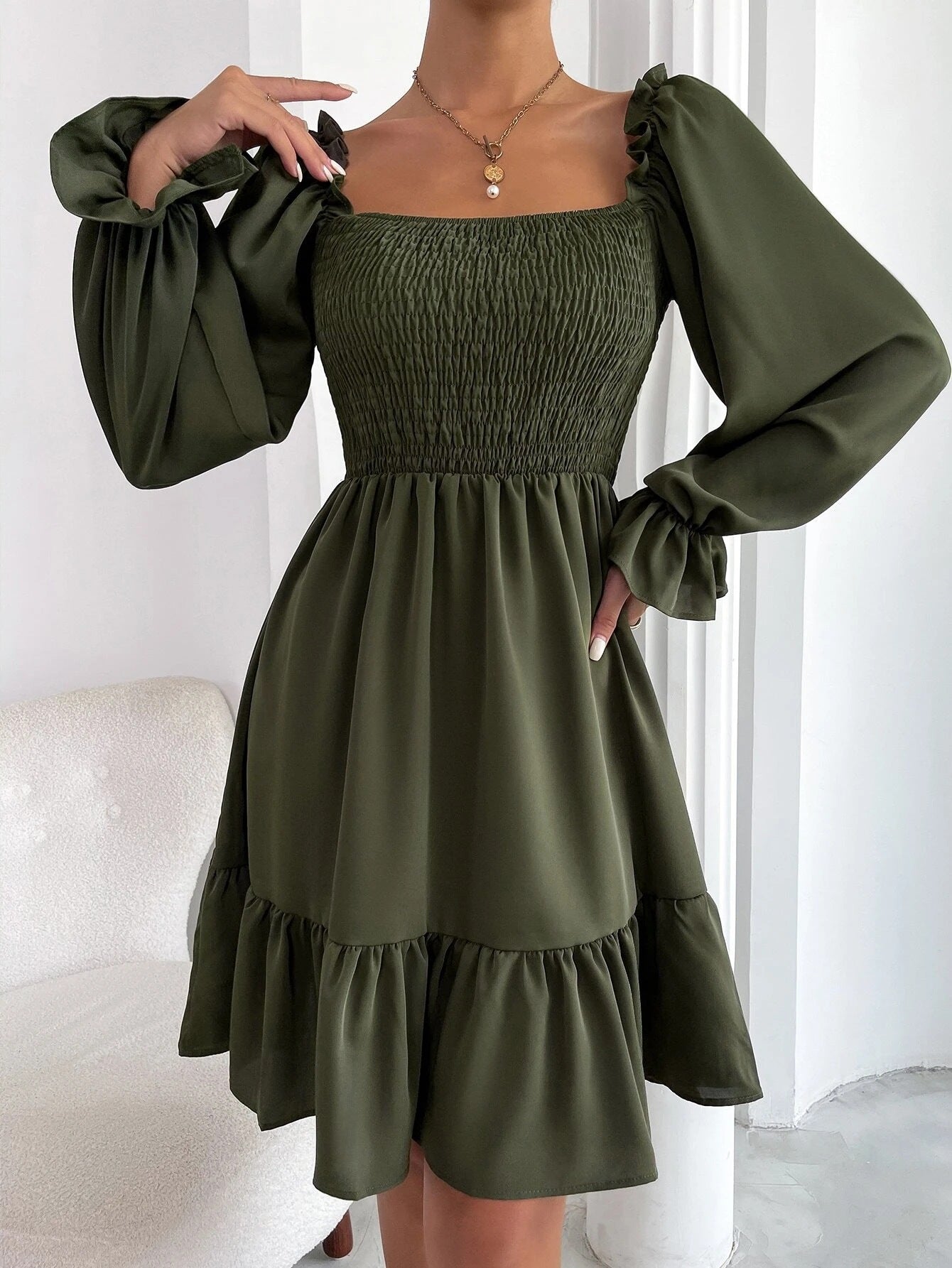 Women's fitted mini dress with voluminous ruffled sleeves and square neck, size S