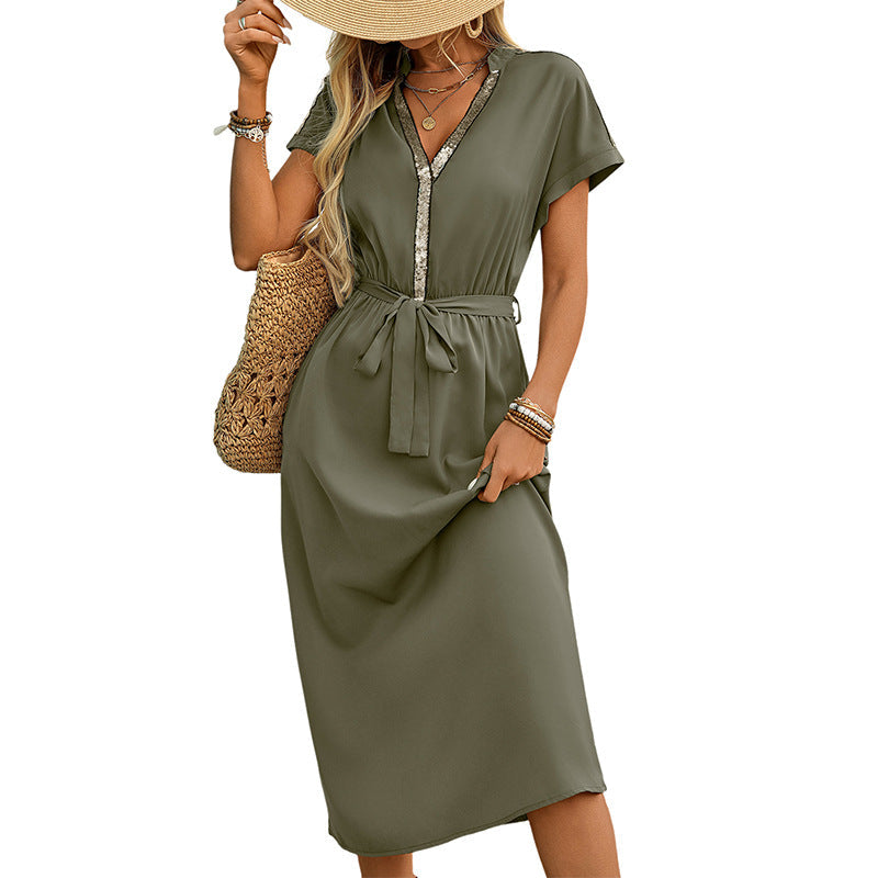 Women's elegant midi dress with waist belt and V-neck, size