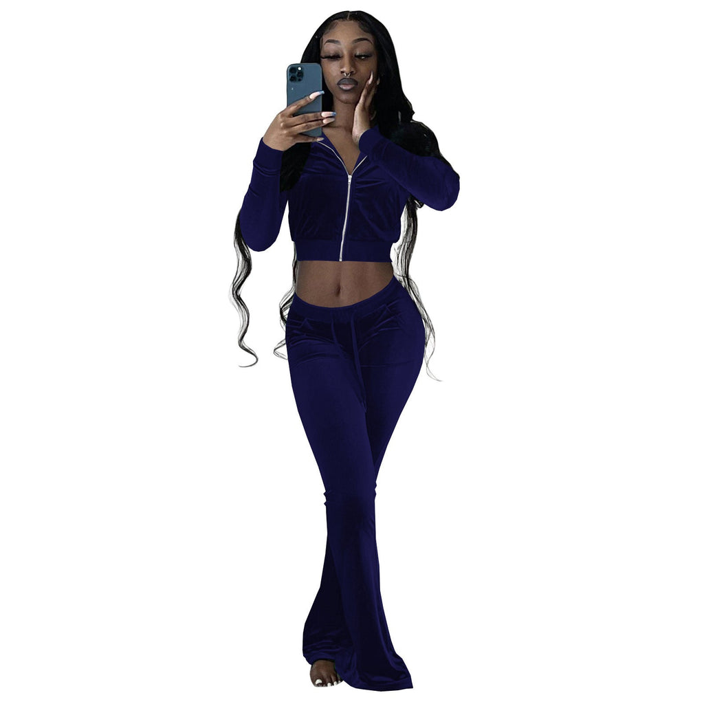 Damen Velours Tracksuit mit Zip-Front und weit geschnittener Hose GR