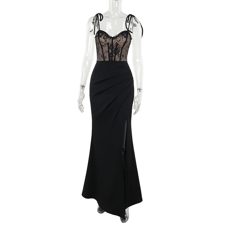 Damen Abendkleid mit Spitzenoberteil und elegantem Schlitz GR
