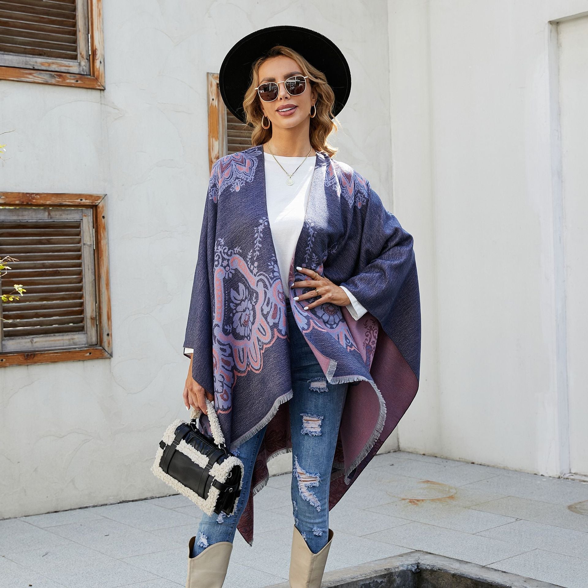 Women's Elegant Kimono Poncho with Artful Pattern and Fringed Edges GR