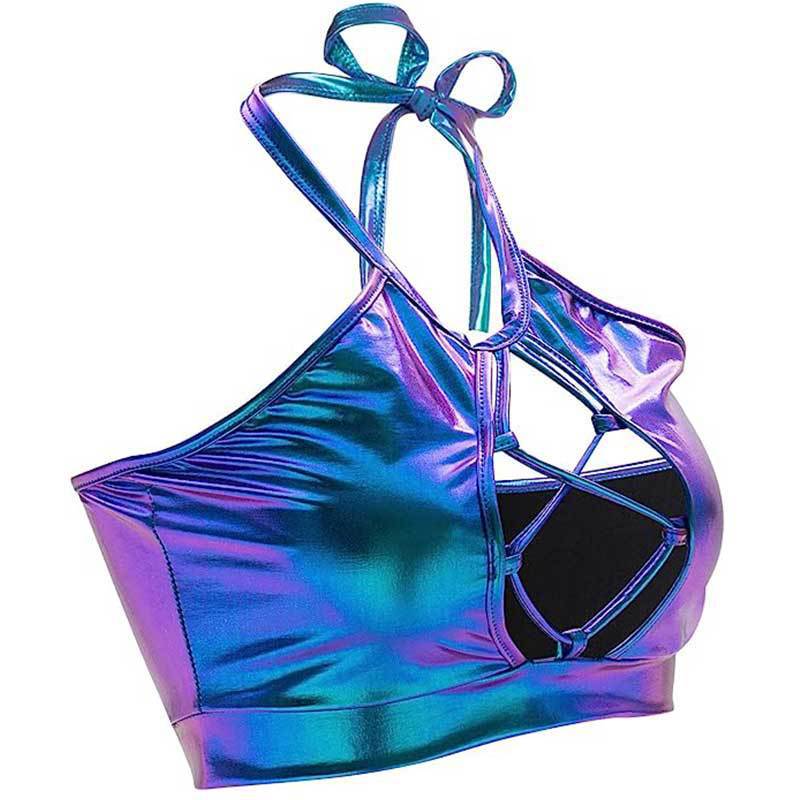 Women's sports bikini top with unique cut details and shimmering finish, size GR