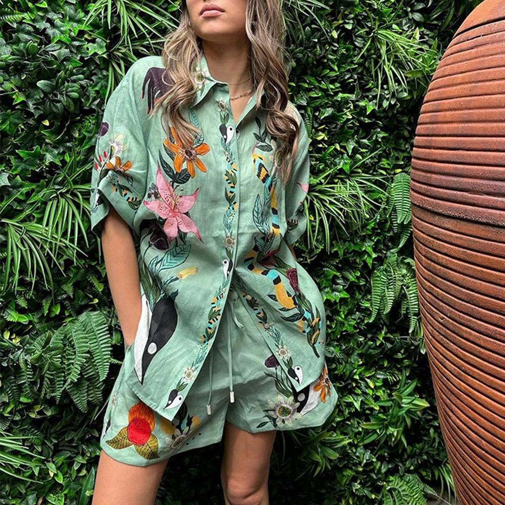 GR | Summer Print Shirt Shorts Loose Casual Two-Piece Set