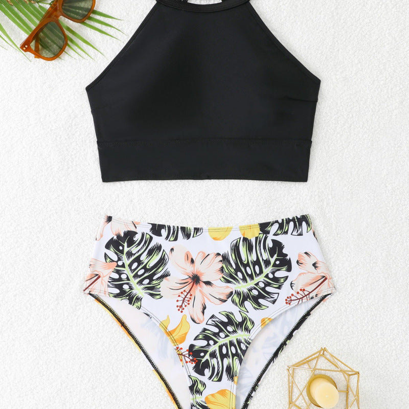 Swimsuit top with high collar and floral high-waisted bottoms, size