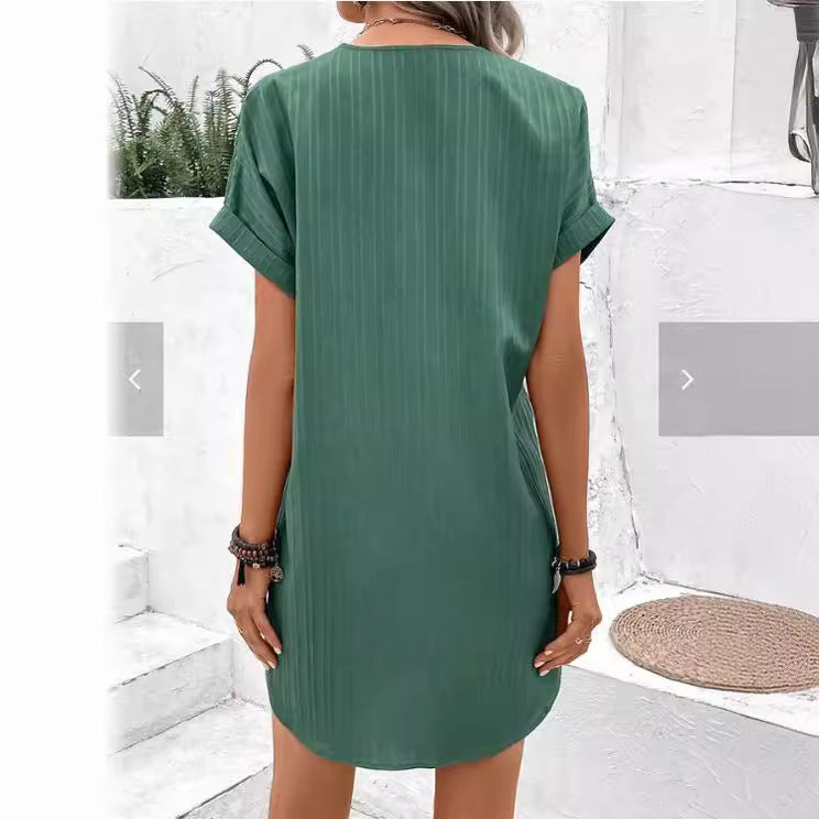 Damen Kurzarm Kleid mit Knopfleiste und feinem Längsstreifenmuster GR