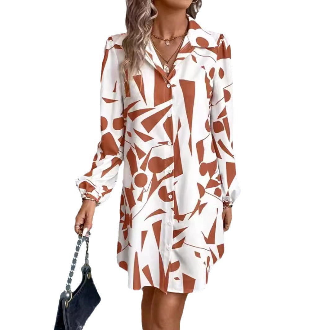 Damen Hemdblusen-Kleid mit modernem geometrischem Druck und praktischen Knopfdetails GR