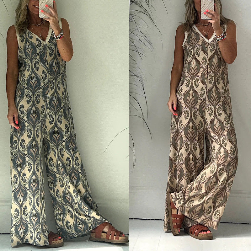 Women's wide-leg jumpsuit with elegant leaf pattern, size