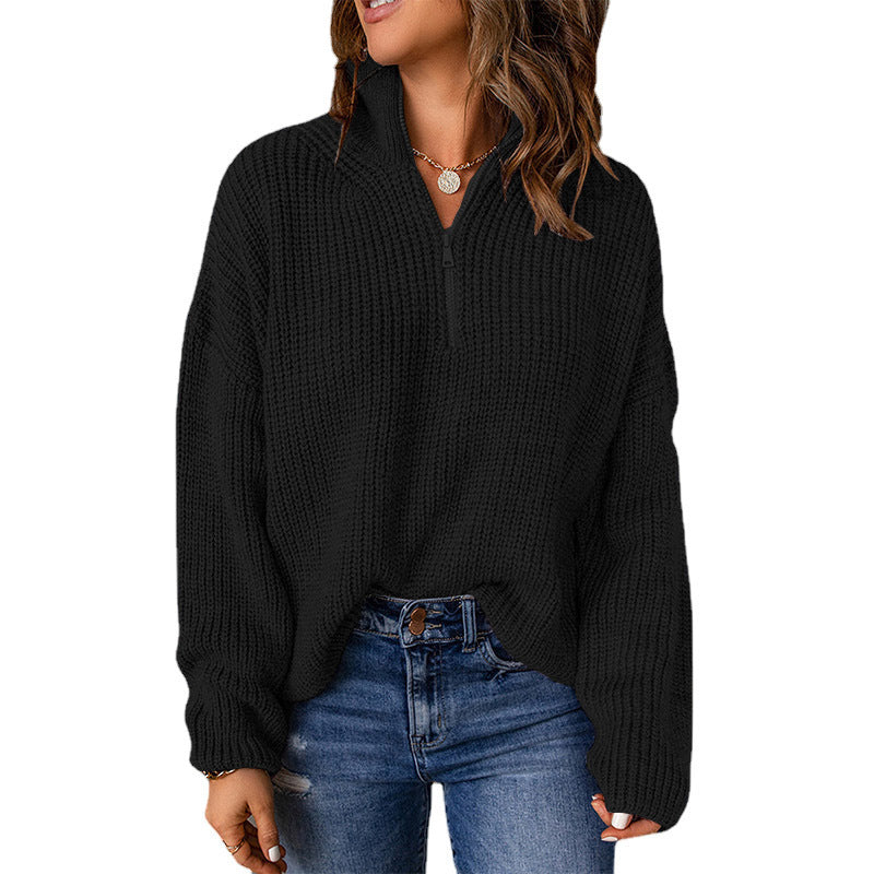 Damen Grober Strickpullover mit Stehkragen und Reißverschluss GR