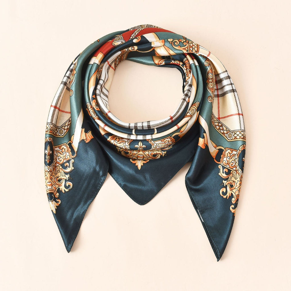 Women's silk scarf with an artistic baroque pattern and luxurious sheen, size S
