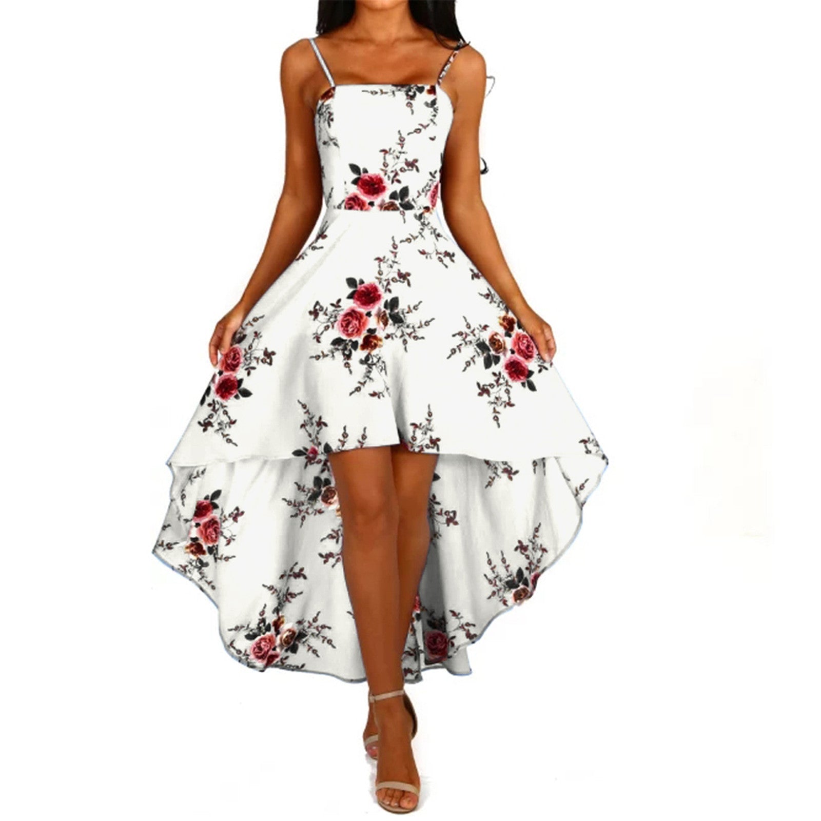 Damen asymmetrisches Blumenkleid mit dekorativen Spaghettiträgern und schwingendem Saum GR
