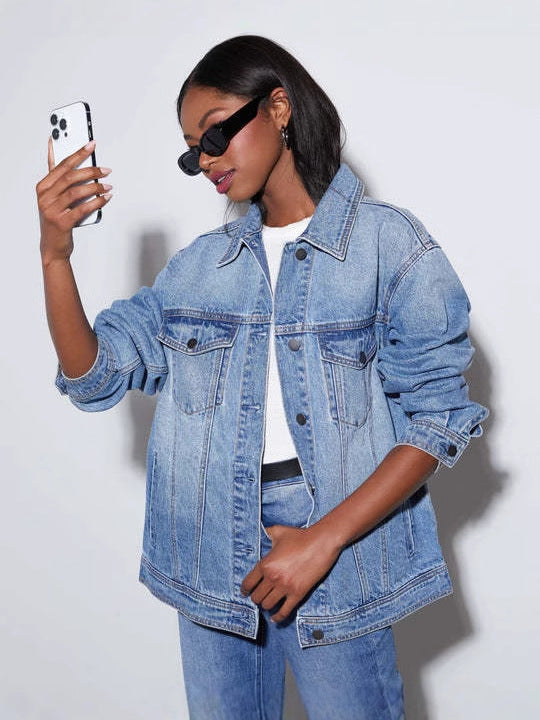 Women's oversized denim jacket in a modern street style with a relaxed cut, size S