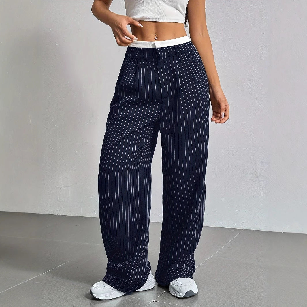Women's Elegant Wide-Leg Pinstripe High-Waisted Trousers, Size