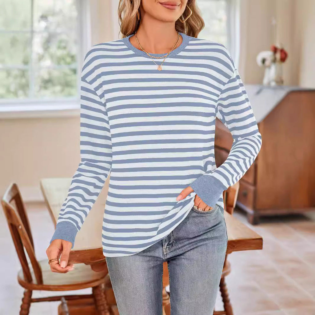 Women's comfortable long-sleeved shirt with striped design and round neckline, size