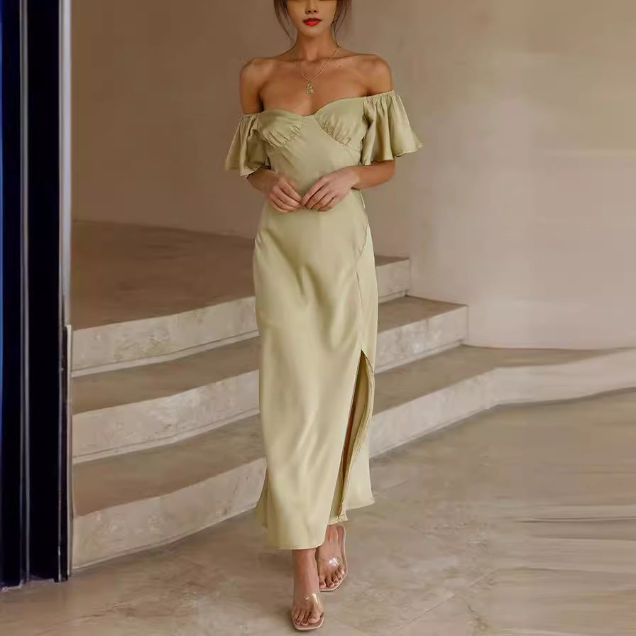 Women's off-the-shoulder midi dress with voluminous sleeves and elegant accents, size GR